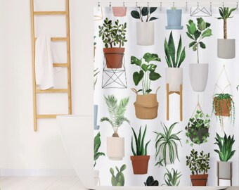 Houseplant Shower Curtain, Plant Shower Curtain, Monstera Decor, Botanical Shower Curtain, Plant Bathroom Decor, White Green Shower Curtain