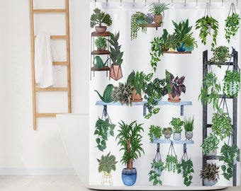 Houseplants Shower Curtain, Cool Boho Shower Curtain, Botanical Curtain, Plant Lover Gift, Green Botanical Curtain Houseplant Bathroom Decor