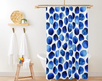 Blue Polka Dots Shower Curtain, Cute Modern Fabric Shower Curtain, Boho Shower Curtain, Blue Shower Curtain Minimalist Abstract Bath Curtain