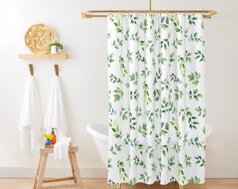 Green Shower Curtain Watercolor Leaves Tropical Shower Curtain Minimalist Cute Shower Curtain Botanical Shabby Chic Plant Shower Curtain