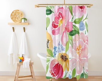 Colorful Floral Shower Curtain Watercolor Flowers Pink Shower Curtain, Shabby Chic Shower Curtain Girly Cute Shower Curtain Bath Accessories