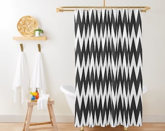 Ikat Minimalist Shower Curtain, Geometric Bath Decor, Black and White Chevron Bath Curtain, Abstract Boho Mid Century Modern Shower Curtain