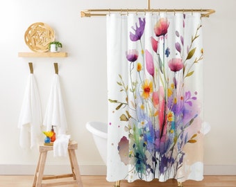 Shower Curtain Boho Floral Shower Curtains, 71x74 in, Watercolor Flowers Shower Curtain Pink Purple Girly Shower Curtain Cute Shower Curtain