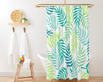 Cute Leaves Shower Curtain Green Shower Curtain Abstract Shower Curtain Tropical Bathroom Coastal Hawaiian Bathroom Airbnb Bathroom Decor