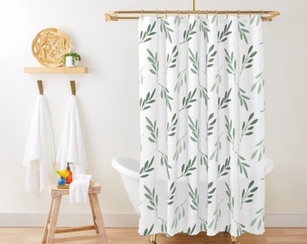 Cute Shower Curtain Sage Green Leaves Shower Curtain Shabby Chic Shower Curtains, Green and White Botanical Bathroom Modern Farmhouse Decor