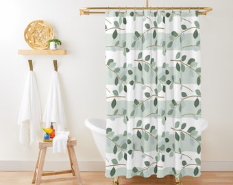 Sage Green Shower Curtain, Leaves Shower Curtain, Cute Shower Curtain, Botanical Shower Curtain Modern Farmhouse Watercolor Print Bath Decor