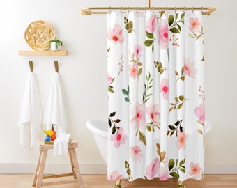 Floral Shower Curtain Boho Pink Shower Curtain Minimalist Cute Pink Flowers Shower Curtain Botanical Shabby Chic Shower Curtain for Bathroom