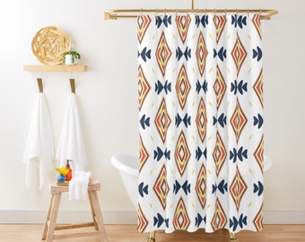 Mid Century Modern Shower Curtain Retro Shower Curtain Boho Shower Curtain Aztec Abstract Geometric Shower Curtain Orange Blue Bath Decor