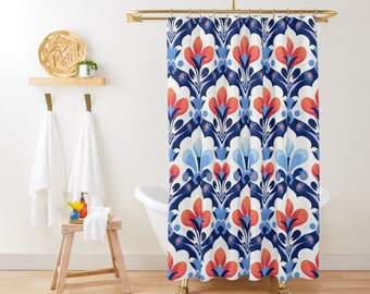 Mid Century Modern Floral Shower Curtain, Pink Blue Shower Curtain, Art Shower Curtain, Botanical Print, Cute Shower Curtain, Bathroom Decor