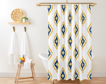 Ikat Boho Shower Curtain Boho Mid Century Modern Shower Curtain Geometric Bath Decor Blue Yellow Abstract Shower Curtain Minimalist Decor