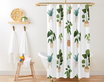 Houseplant Shower Curtain Boho Botanical Shower Curtain Plant Mom Plant Lover Gift Green Fabric Shower Curtain Cute Botanical Bathroom Decor