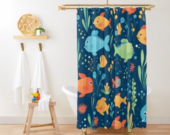 Kids Fish Shower Curtain Blue Shower Curtain Underwater Sea Animals Fish Coral Shower Curtain Beach House Bath Decor Ocean Shower Curtain
