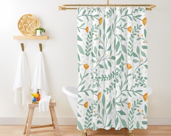 Whimsical Floral Shower Curtain Green White, Cute Shower Curtain, Shabby Chic Shower Curtain, Botanical Shower Curtain, Boho Farmhouse Bath