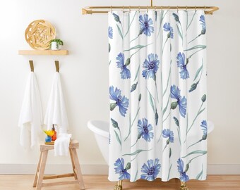 Blue Floral Shower Curtain, French Watercolor Flowers, Blue and White Shower Curtain , Botanical Shower Curtain, Farmhouse Shower Curtain