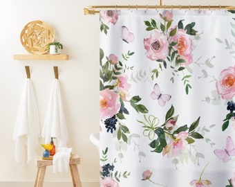Pink Rose Shower Curtain Floral, Cute Pink Shower Curtain, Shabby Chic Shower Curtain for Apartment Bath, Botanical Farmhouse Bathroom Decor