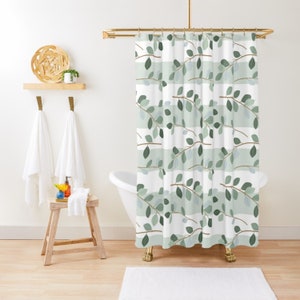 Sage Green Shower Curtain, Leaves Shower Curtain, Cute Shower Curtain, Botanical Shower Curtain Modern Farmhouse Watercolor Print Bath Decor
