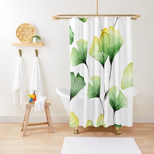 Gingko Leaves Shower Curtain White Green Shower Curtain Botanical Bathroom Garden Cute Shower Curtain Bathroom Decor, Housewarming Gift