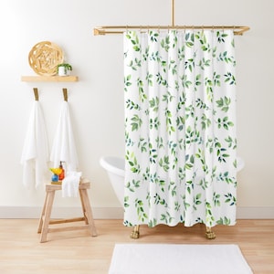 Green Shower Curtain Watercolor Leaves Tropical Shower Curtain Minimalist Cute Shower Curtain Botanical Shabby Chic Plant Shower Curtain