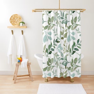 Green Leaves Shower Curtain Watercolor Leaves Shower Curtain Tropical Green Bathroom Plant Shower Curtain Botanical Fabric Bathroom Decor