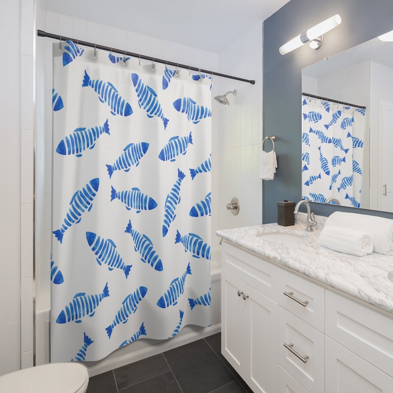 Ocean Fish Shower Curtain Beach House Shower Curtain Blue Shower