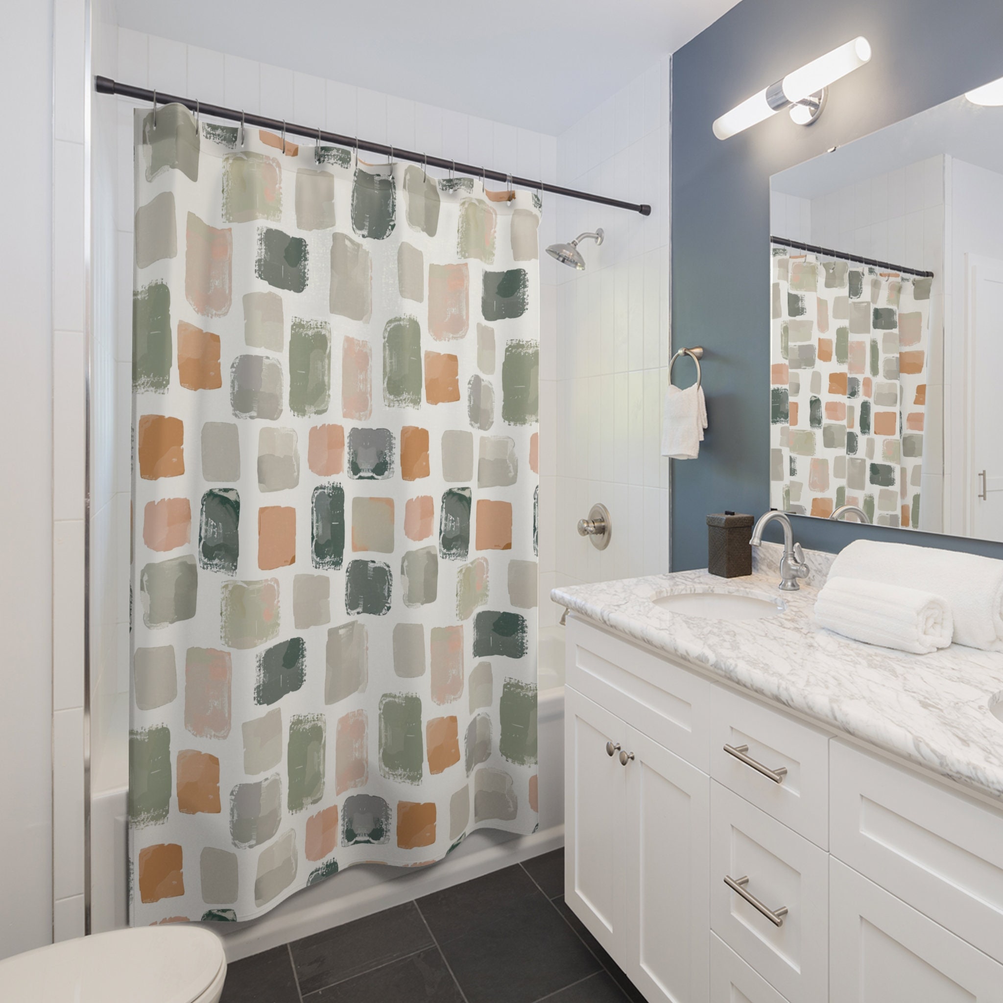 Mid Century Modern Geometric Shower Curtain, Pastels MCM Retro Shower