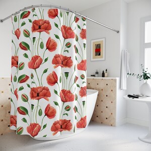 Poppies Shower Curtain, Botanical  Shower curtain, Wildflowers Floral Bathroom, Shabby Chic Bath Decor, Vintage Farmhouse Bathroom Decor