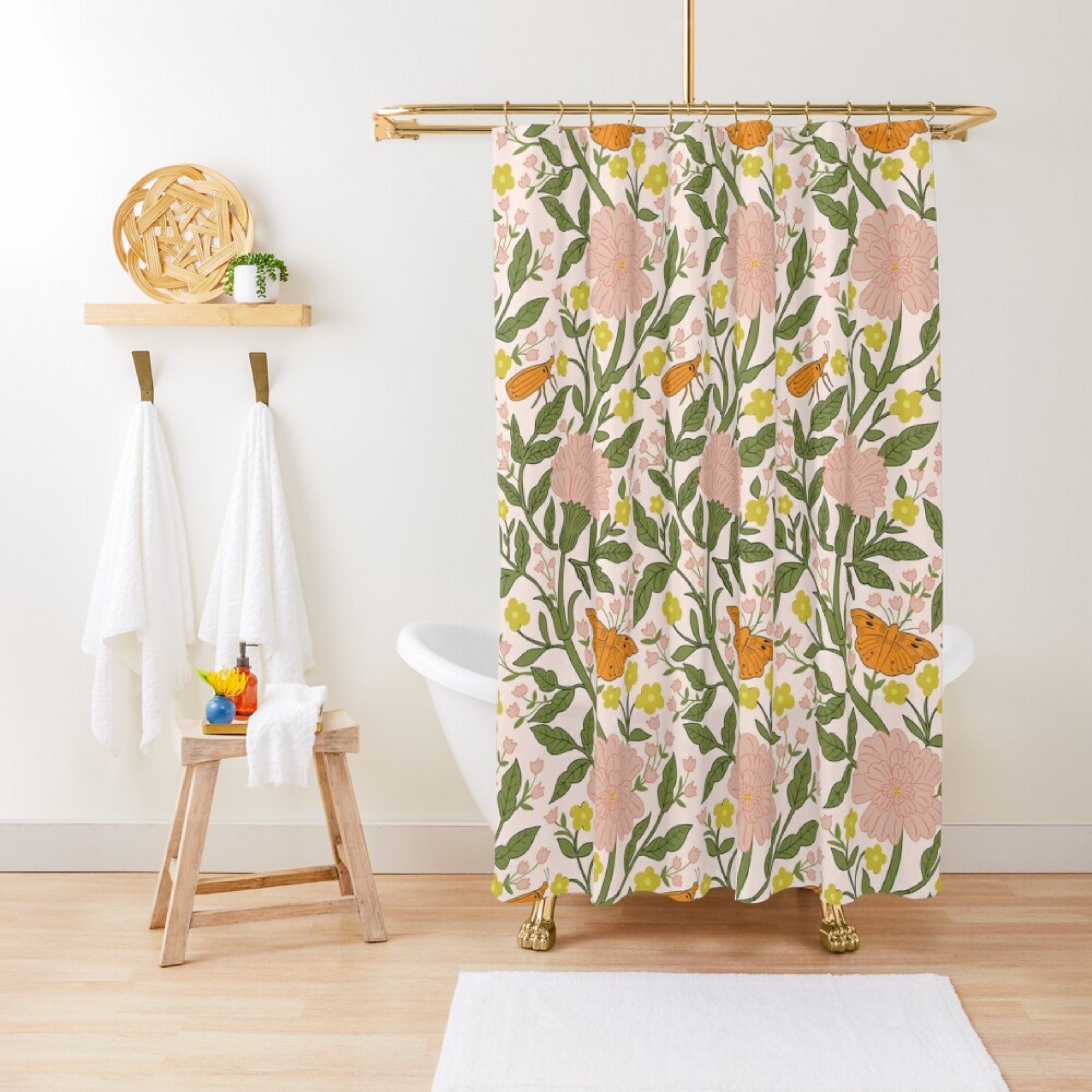 Retro William Morris Shower Curtain, Vintage Pink Green Botanical ...