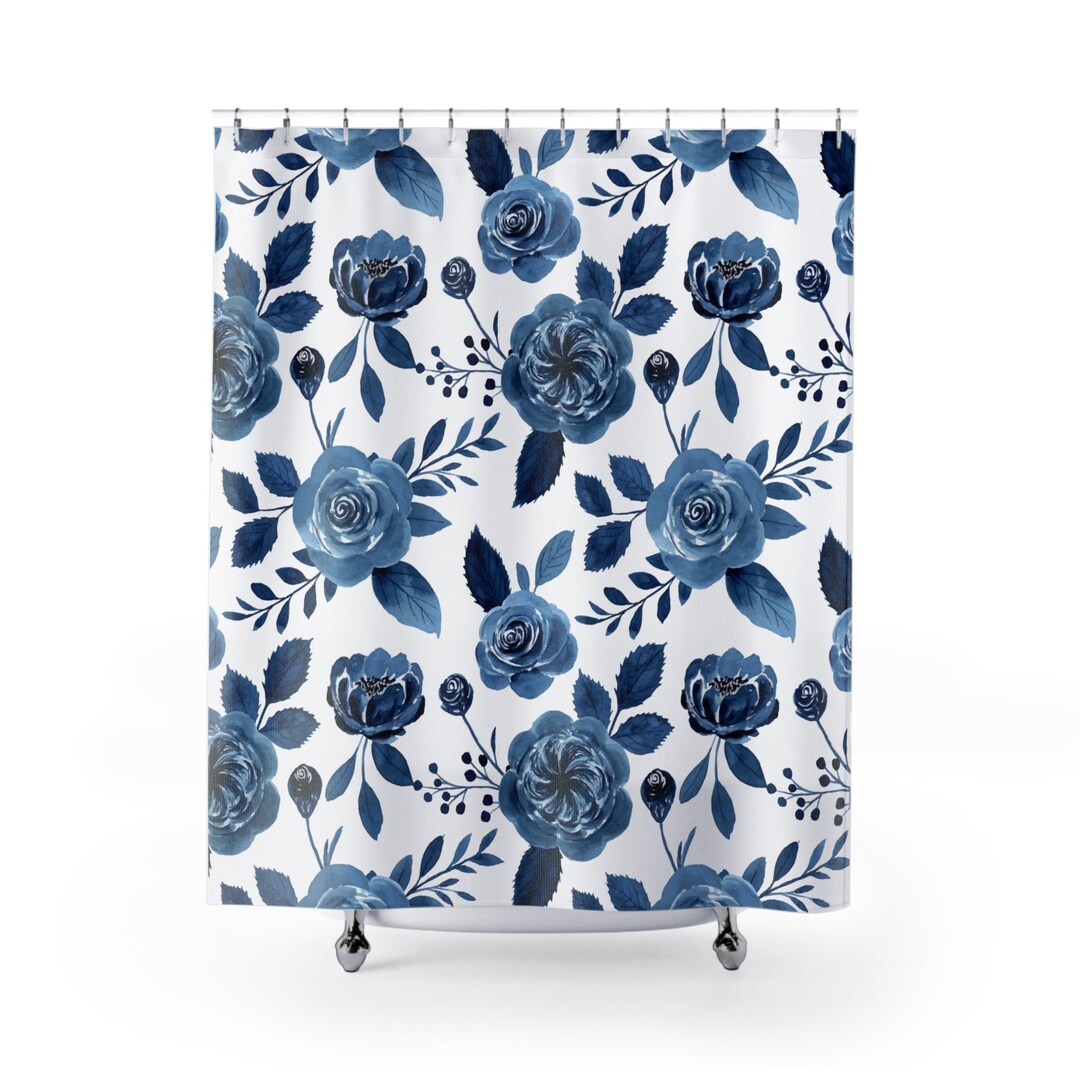 Blue Floral Shower Curtain Watercolor Floral Shower Curtain Etsy