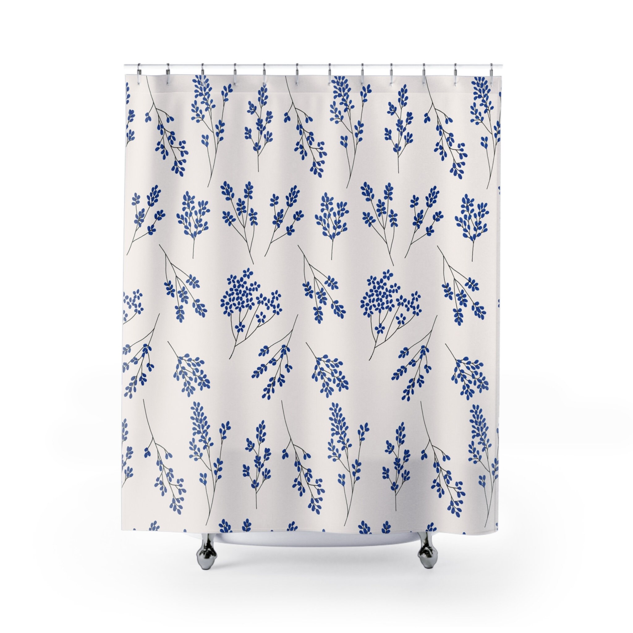 French Country Boho Shower Curtain, Blue and White Shower Stall Curtain