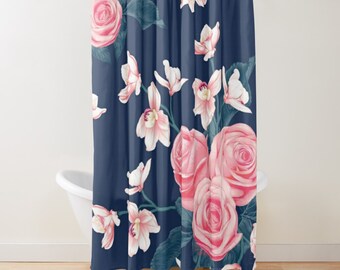 Ansudayan Navy Blue & Pink Floral Shower Curtain - Waterproof Fabric 72x72 Inches With Hooks