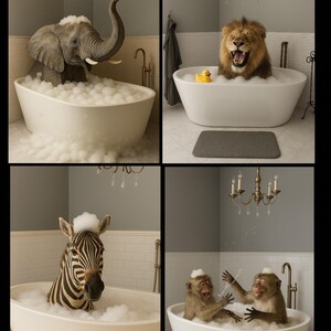 May include: Four images of animals in bathtubs. An elephant sprays water, a lion roars, a zebra looks at the viewer, and two monkeys play. Each animal is surrounded by bubbles in a white tub, with a chandelier above.