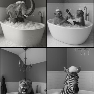 May include: Black and white image of four animals in bathtubs filled with bubbles. An elephant sprays water, monkeys play, a lion laughs, and a zebra relaxes. Each tub is in a bathroom setting with a chandelier.
