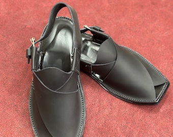 Matte Black Leather Kaptaan Chappal, Handmade Peshawari Sandal