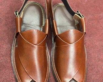 Handmade Leather Peshawari Chappal, Caramel Brown Ethnic Sandal