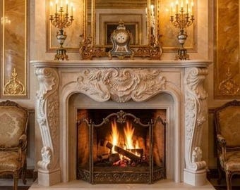May include: A grand room featuring a large, ornate white stone fireplace with a roaring fire, flanked by two gold-toned armchairs. Above the mantel sits a large, intricate gold-framed mirror, crystal chandeliers, and marble-patterned wall panels.