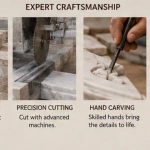 Puede incluir: Una infograf&iacute;a de cuatro paneles titulada EXPERT CRAFTSMANSHIP que muestra pasos de producci&oacute;n de m&aacute;rmol: BLOCK SELECTION con bloques, PRECISION CUTTING con sierra circular, HAND CARVING con cincel y QUALITY FINISHING con una lijadora.