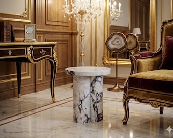 Calacatta Viola Marble Side Table – Round Pedestal Accent Table, Honed Finish