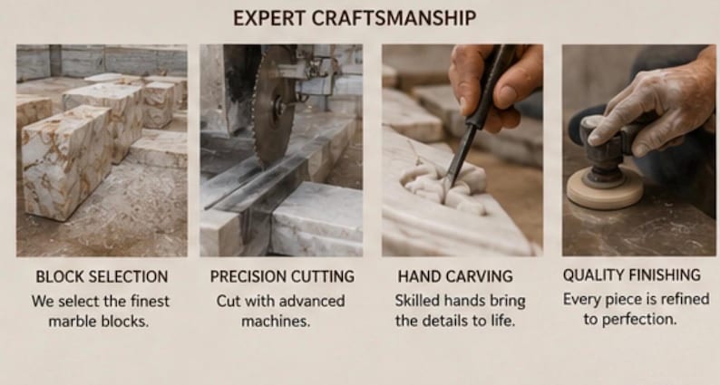 以下が含まれることがあります： EXPERT CRAFTSMANSHIPと題された4枚構成のインフォグラフィック。大理石の製造工程を示しており、BLOCK SELECTION（ブロック選定）、PRECISION CUTTING（精密切断）、HAND CARVING（手彫り）、QUALITY FINISHING（仕上げ）の各工程が描写されています。