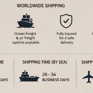 May include: An infographic with dark icons on a light background. Top row: globe, ship, shield with checkmark, and box. Text: WORLDWIDE SHIPPING, We ship worldwide with trusted shipping partners, Ocean freight & air freight options available, Fully insured for a safe delivery, Carefully packed and delivered to your door. Bottom row: calendar, ship, and airplane icons. Text: PRODUCTION TIME 18-28 BUSINESS DAYS, SHIPPING TIME (BY SEA) 28-36 BUSINESS DAYS, SHIPPING TIME (BY AIR) 3-7 BUSINESS DAYS.