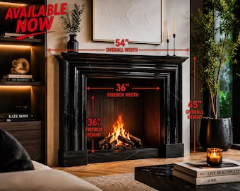 May include: A black marble fireplace mantel with a fluted interior and a burning fire. Dimensions are labeled as 54 inches overall width, 45 inches overall height, 36 inches firebox width, and 36 inches firebox height. Text reads AVAILABLE NOW.
