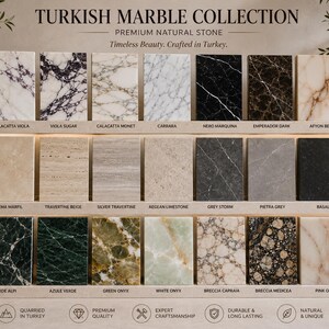 Puede incluir: Una muestra de veinti&uacute;n azulejos rectangulares de piedra natural dispuestos en tres estantes, etiquetados con nombres como Calacatta Viola, Nero Marquina y Pink Onyx. El texto dice Turkish Marble Collection, Premium Natural Stone.