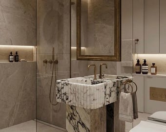 Lavabo a parete in marmo Calacatta Viola, realizzato a mano: lati scanalati.