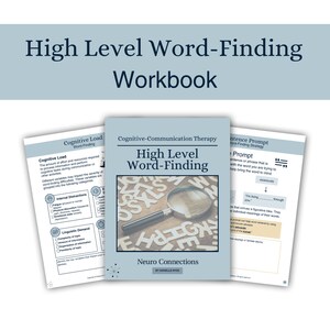 May include: A workbook titled "High Level Word-Finding" for cognitive-communication therapy. The cover features a magnifying glass over a wooden surface with scattered letter tiles. The book is by Danielle Hyde and Neuro Connections.