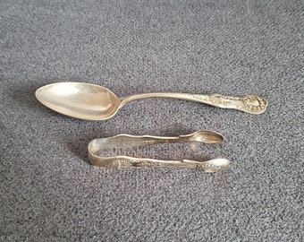 Antique silver-plated spoon and sugar tongs