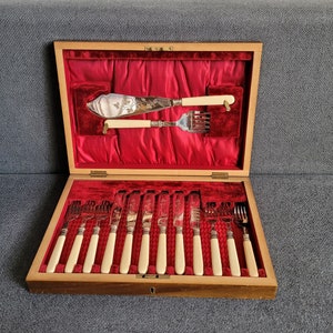 Antique silver-plated fish cutlery set with engraving