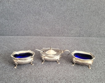 Antique Cruet Set sterling silver with original cobalt glass inserts.