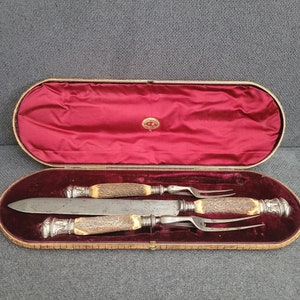 Een prachtig Victoriaans snijwerk met hoornen en sterling zilveren handgrepen in een originele koffer.