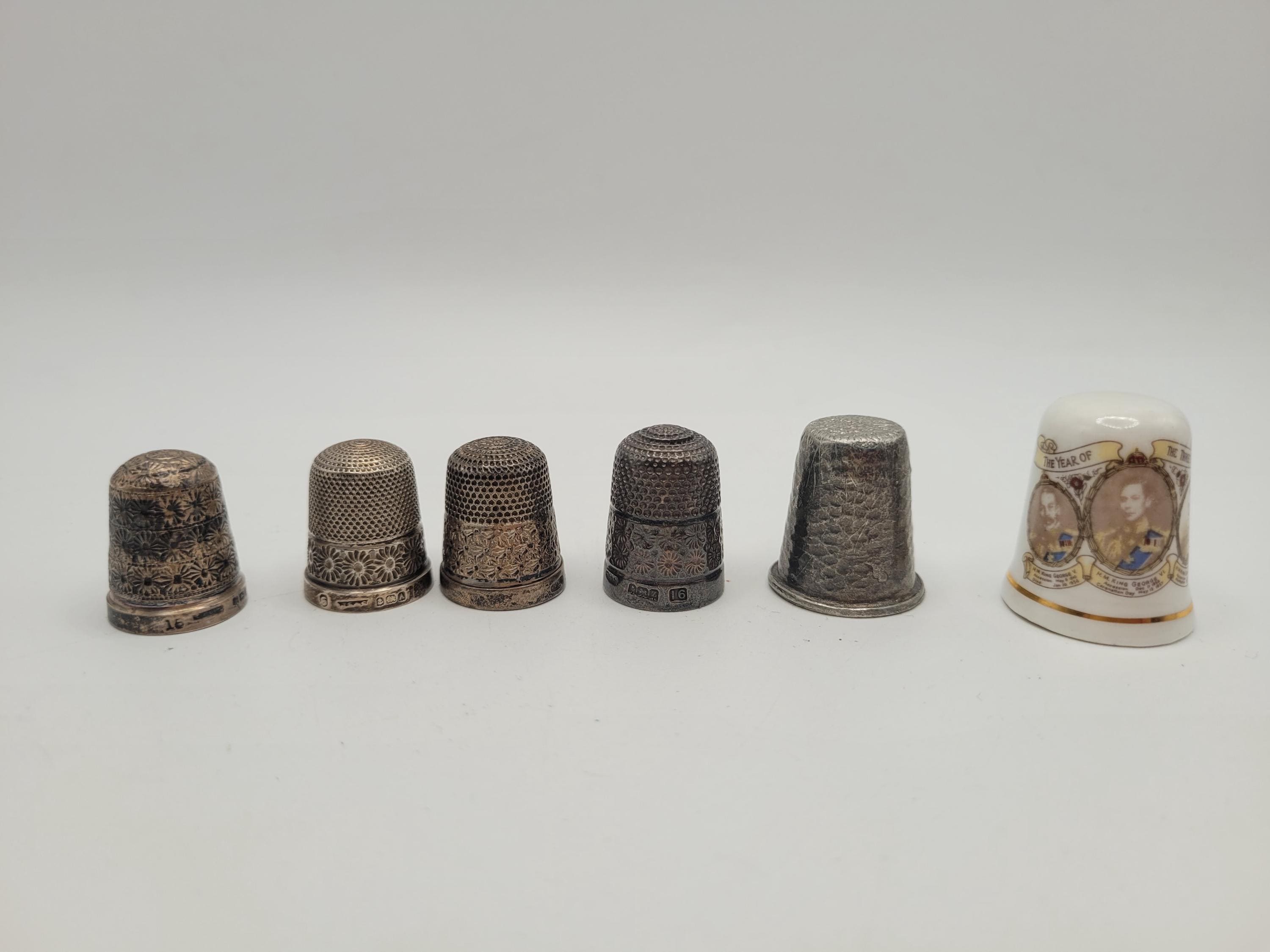 Antique Sterling Silver Thimble Set, 4 English Silver Thimbles 1910-1925, Pewter & Porcelain Thimbles, Sewing Collectibles, Size 16