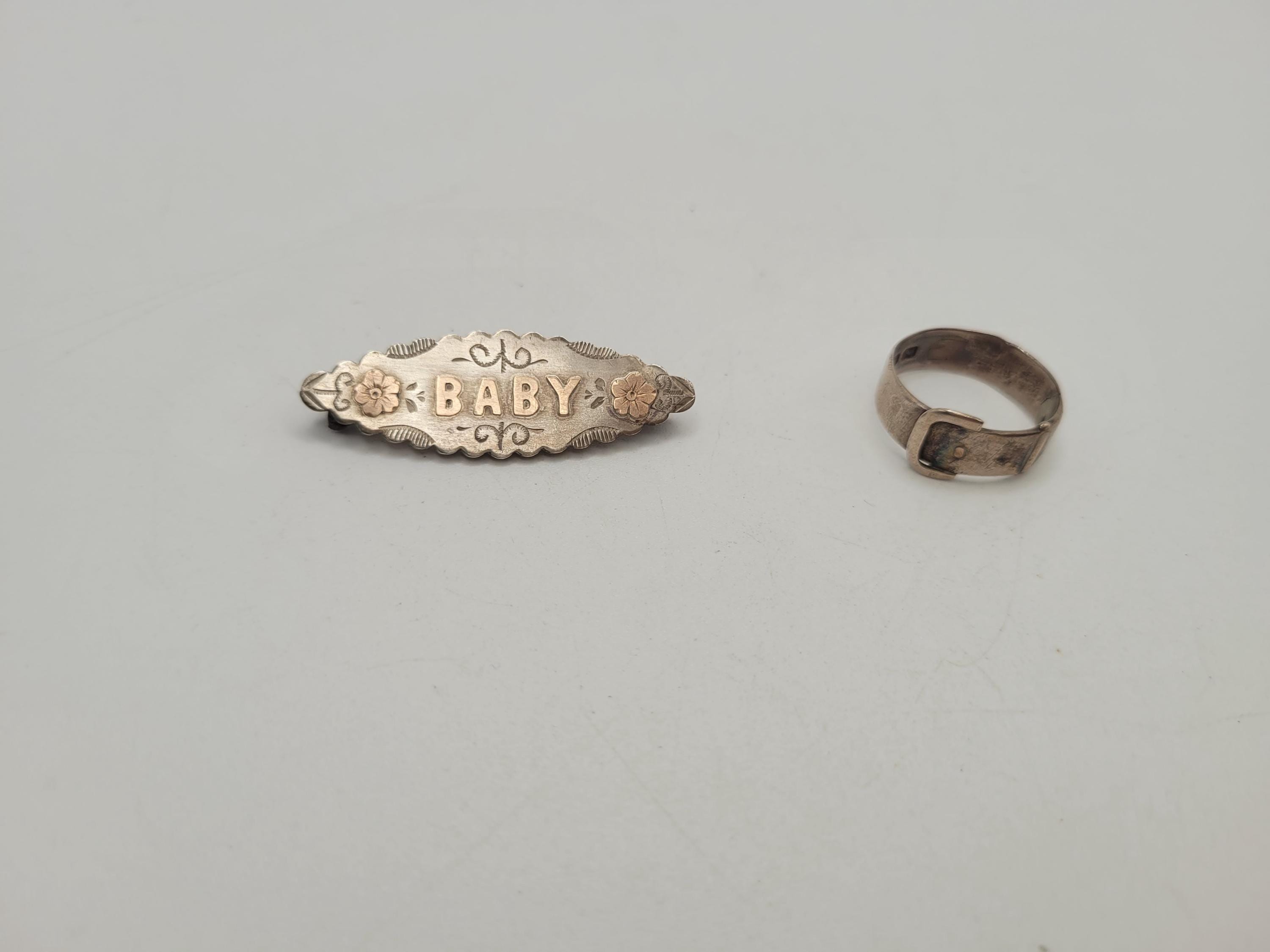 Antique Sterling Silver “BABY” Brooch and Buckle-style Ring