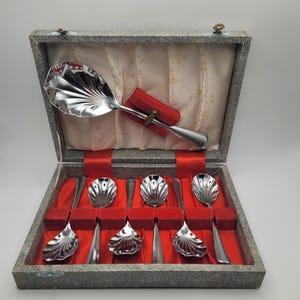 Antikes, verchromtes Dessertlöffel-Set mit Servierlöffel